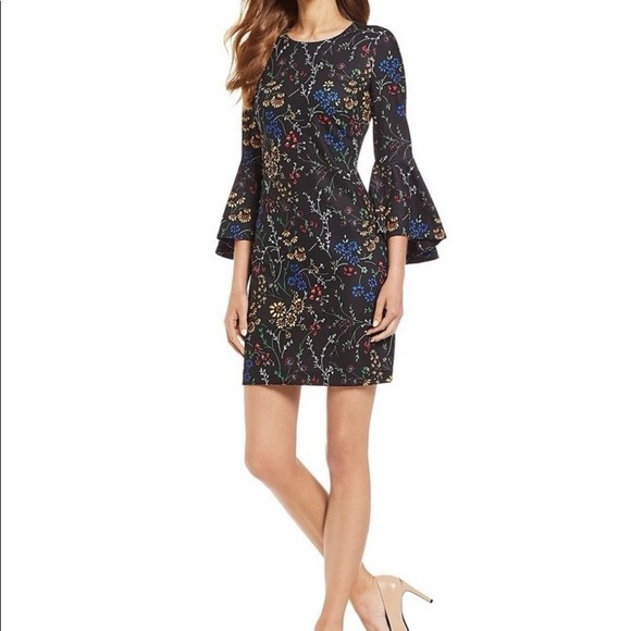 Calvin Klein Colorful Floral 3/4 Bell Sleeve Stretch Sheath Dress Size‎ 6 - Picture 1 of 12
